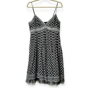 BCBGMaxazria Party Dress Sleeveless Sequins Tulle Printed Silk Black White 12